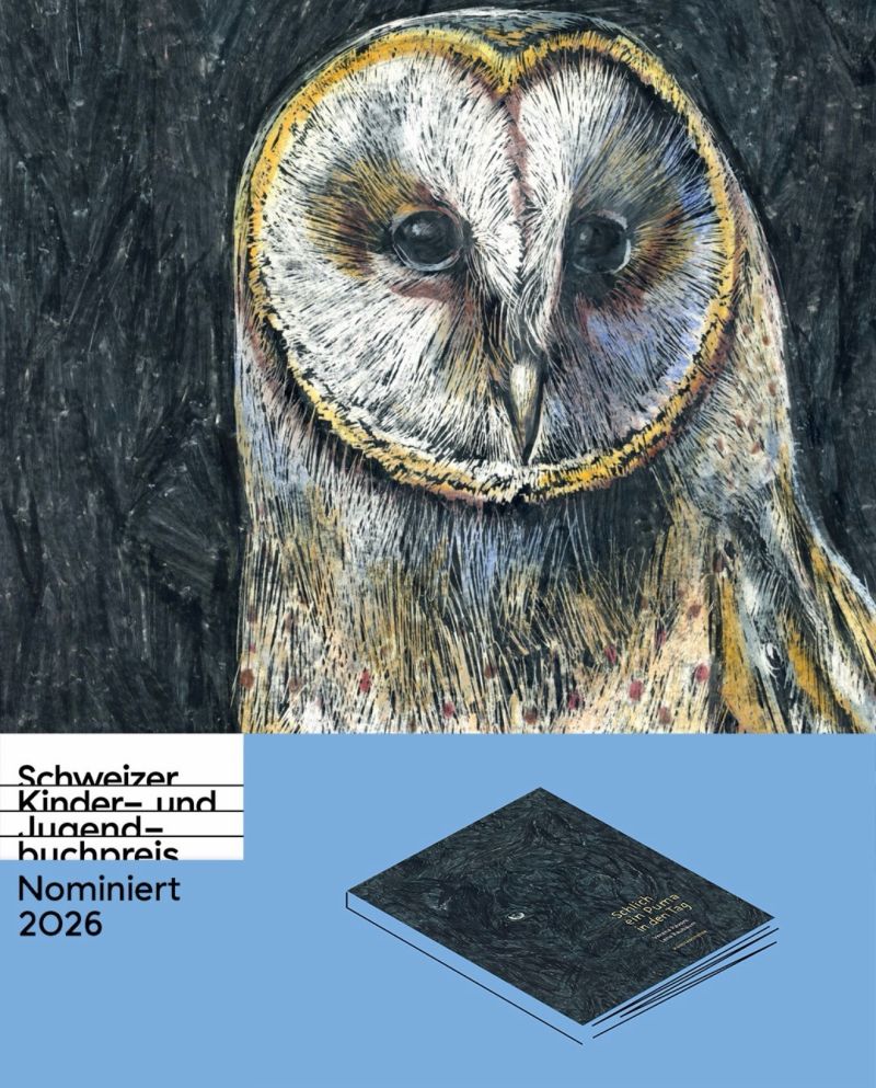 Zu sehen ist eine Illustration aus dem Buch SCHLICH EIN PUMA IN DEN TAG sowie das Cover des Buches. Weiters ist zu sehen, dass dieses Buch für den Schweizer Kinder- und Jugendbuchpreis 2026 nominiert ist.